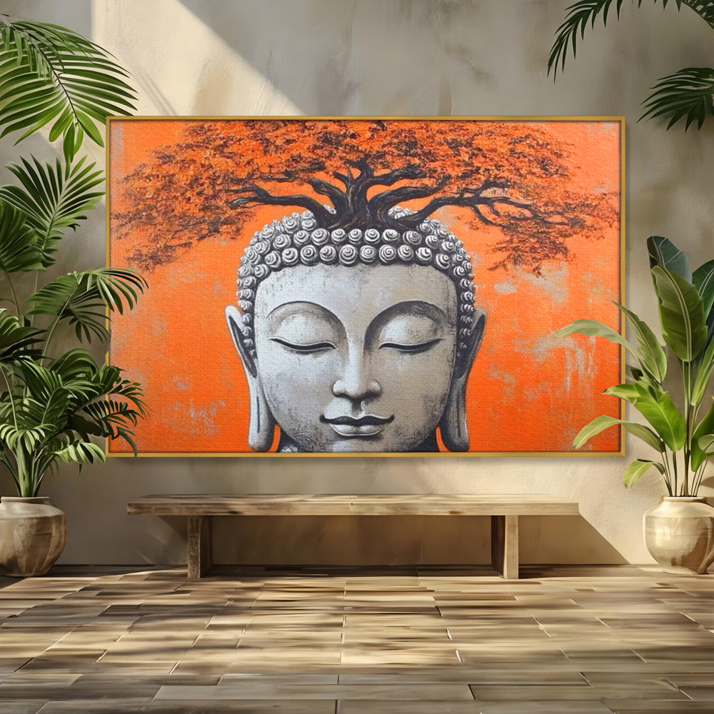 Tablou canvas cu tablou canvas cu capul lui buddha si copac, in rama de aluminiu auriu